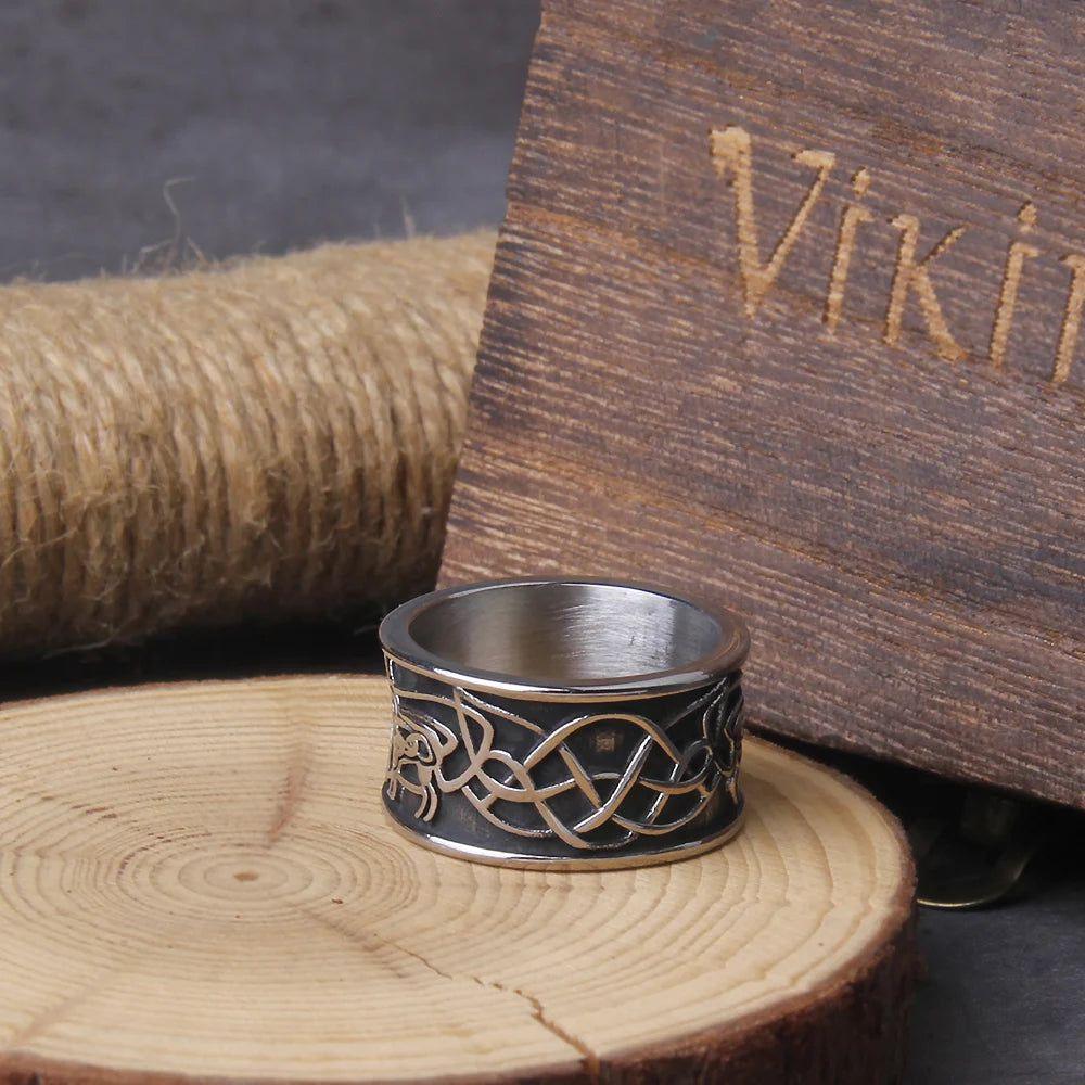 Norse Wolf Totem Stainless Steel Statement Rings for Men with Elegant Wooden Gift Box