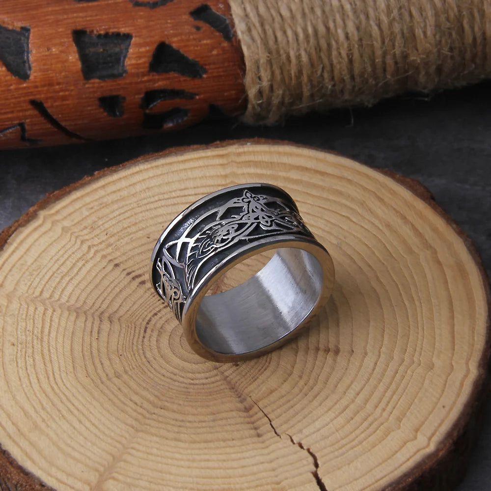 Norse Wolf Totem Stainless Steel Statement Rings for Men with Elegant Wooden Gift Box