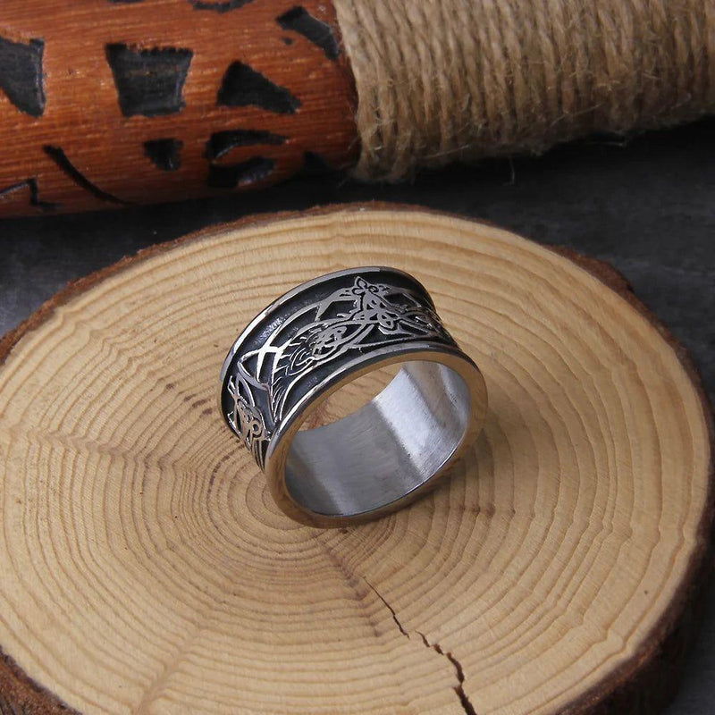 Norse Wolf Totem Stainless Steel Statement Rings for Men with Elegant Wooden Gift Box