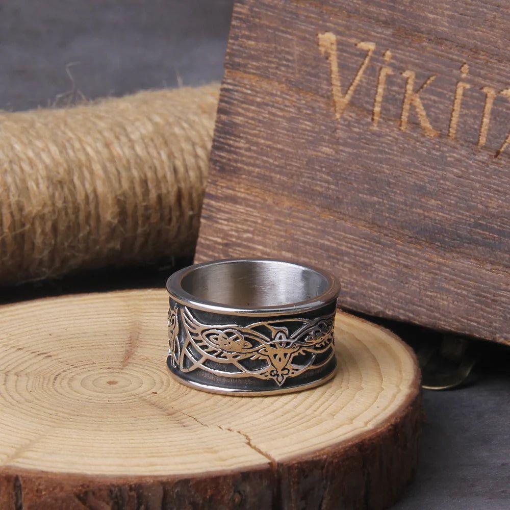 Norse Wolf Totem Stainless Steel Statement Rings for Men with Elegant Wooden Gift Box