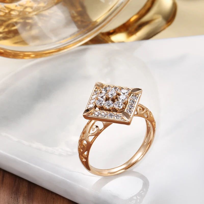 Opulent Rose Gold Vintage Cocktail Ring with Crystal Flower and Natural Zircon