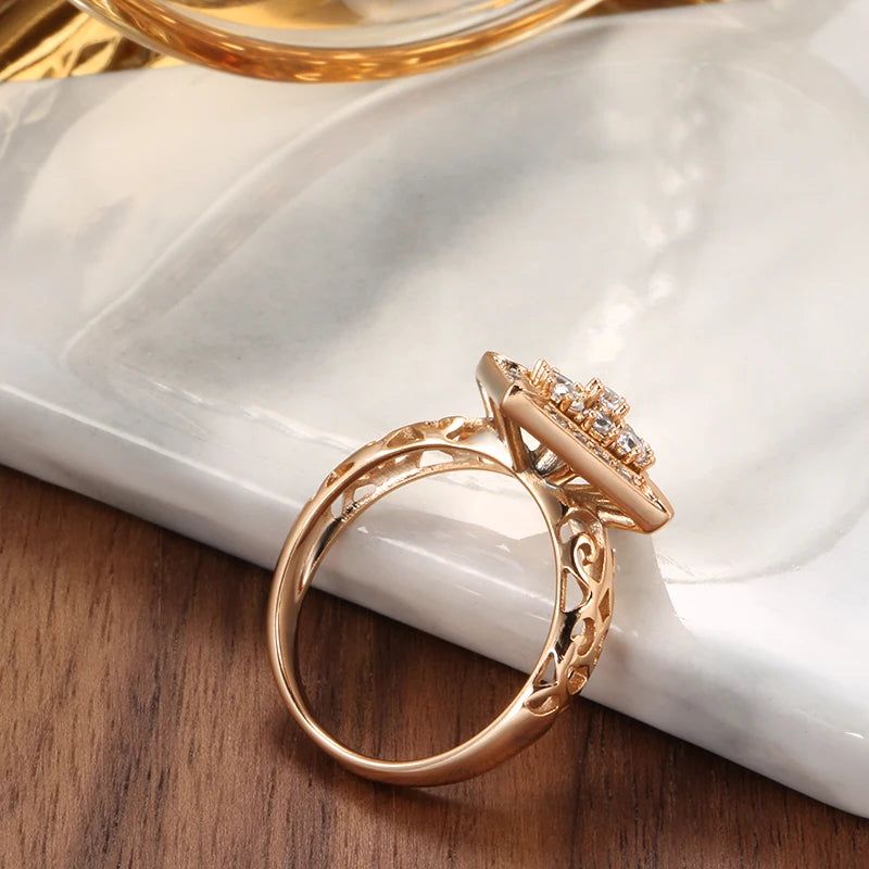 Opulent Rose Gold Vintage Cocktail Ring with Crystal Flower and Natural Zircon