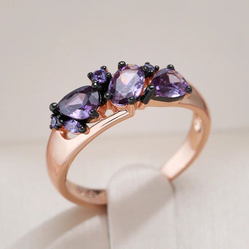 Opulent Vintage Purple Zircon Ring in 585 Rose Gold and Black Finish