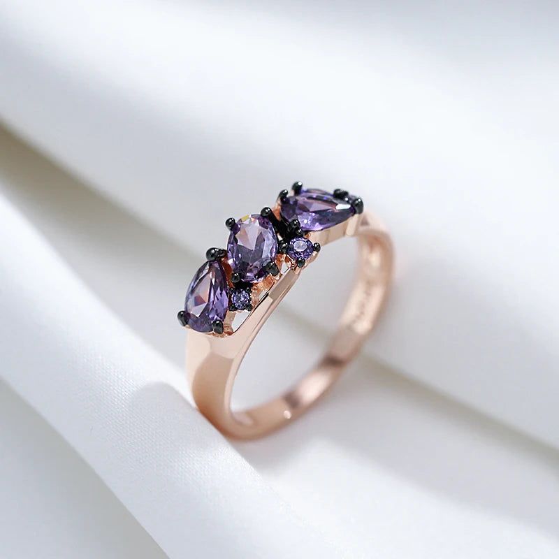 Opulent Vintage Purple Zircon Ring in 585 Rose Gold and Black Finish