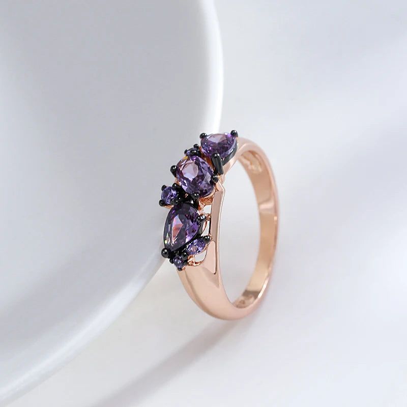 Opulent Vintage Purple Zircon Ring in 585 Rose Gold and Black Finish