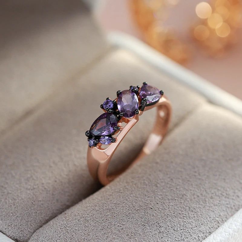 Opulent Vintage Purple Zircon Ring in 585 Rose Gold and Black Finish