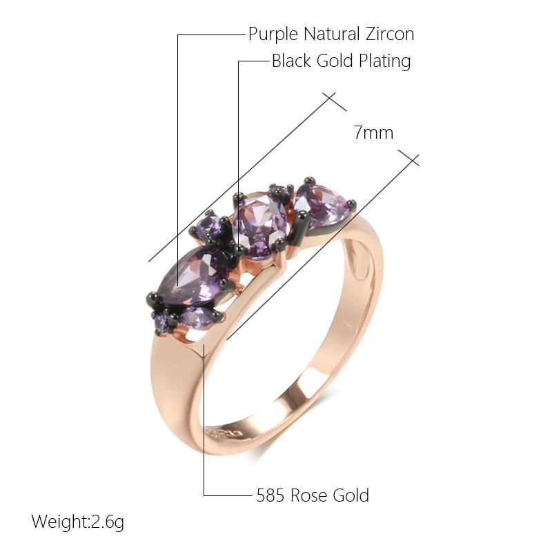 Opulent Vintage Purple Zircon Ring in 585 Rose Gold and Black Finish