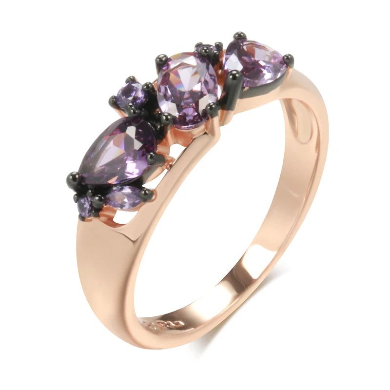 Opulent Vintage Purple Zircon Ring in 585 Rose Gold and Black Finish