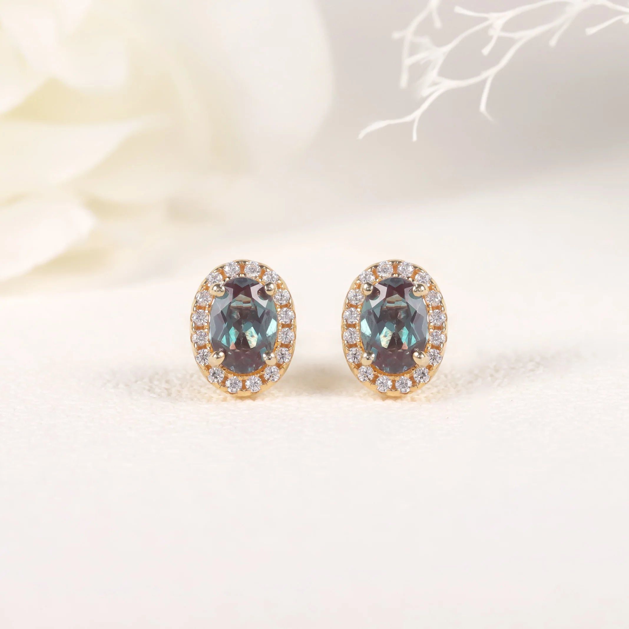 Oval 4x6mm Color Changing Lab Alexandrite Halo Stud Earrings