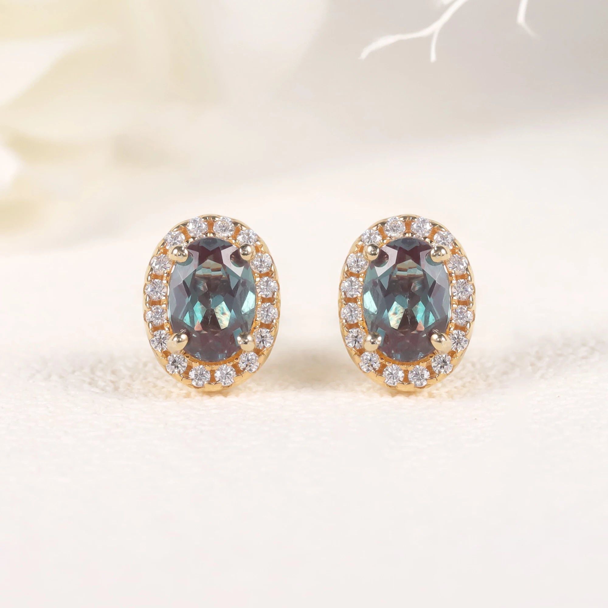 Oval 4x6mm Color Changing Lab Alexandrite Halo Stud Earrings