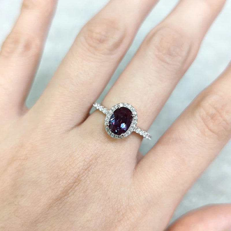 Oval 6X8mm Halo Lab Alexandrite Ring 925 Sterling Silver