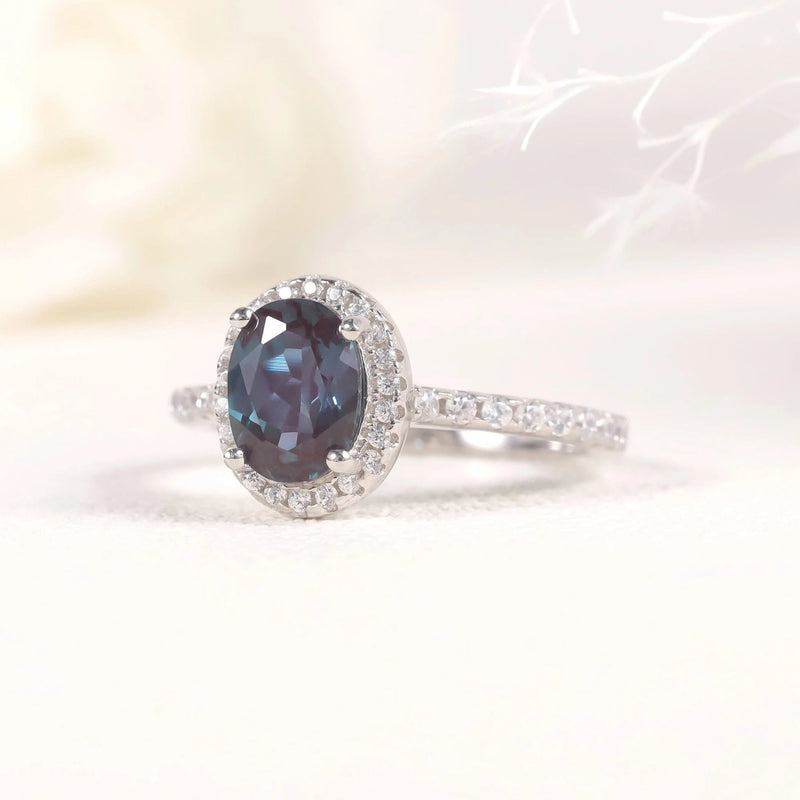 Oval 6X8mm Halo Lab Alexandrite Ring 925 Sterling Silver