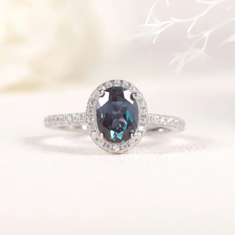 Oval 6X8mm Halo Lab Alexandrite Ring 925 Sterling Silver