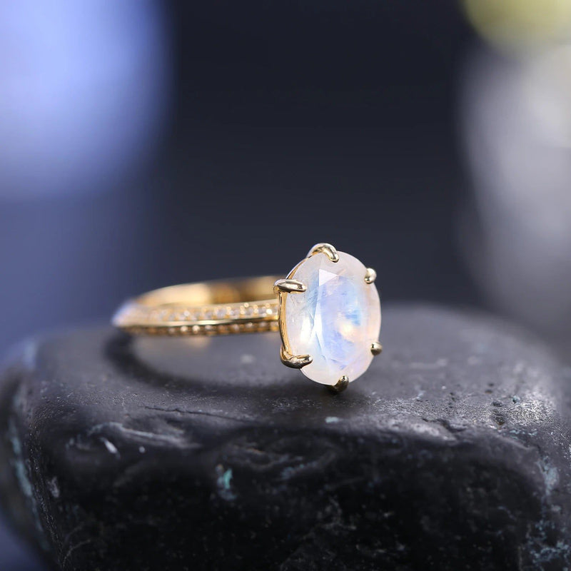 Oval 8x10mm Milky Blue Moonstone Ring in 925 Silver