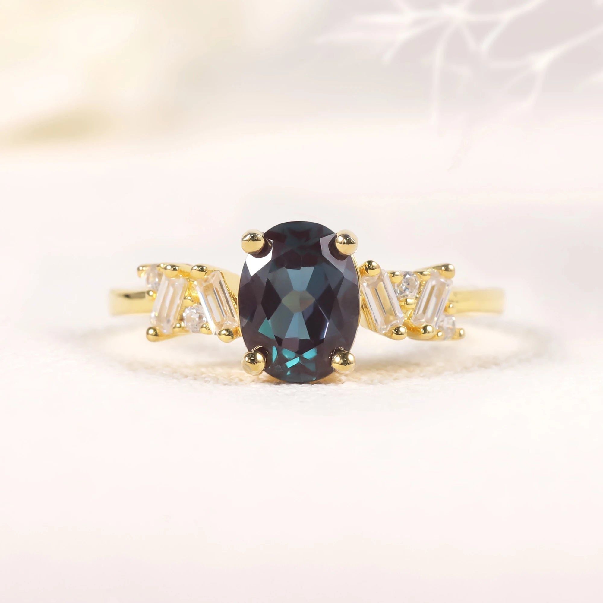 Oval Cut 6x8mm Color Changing Lab Alexandrite Ring in 14K Gold Plated 925 Sterling Silver