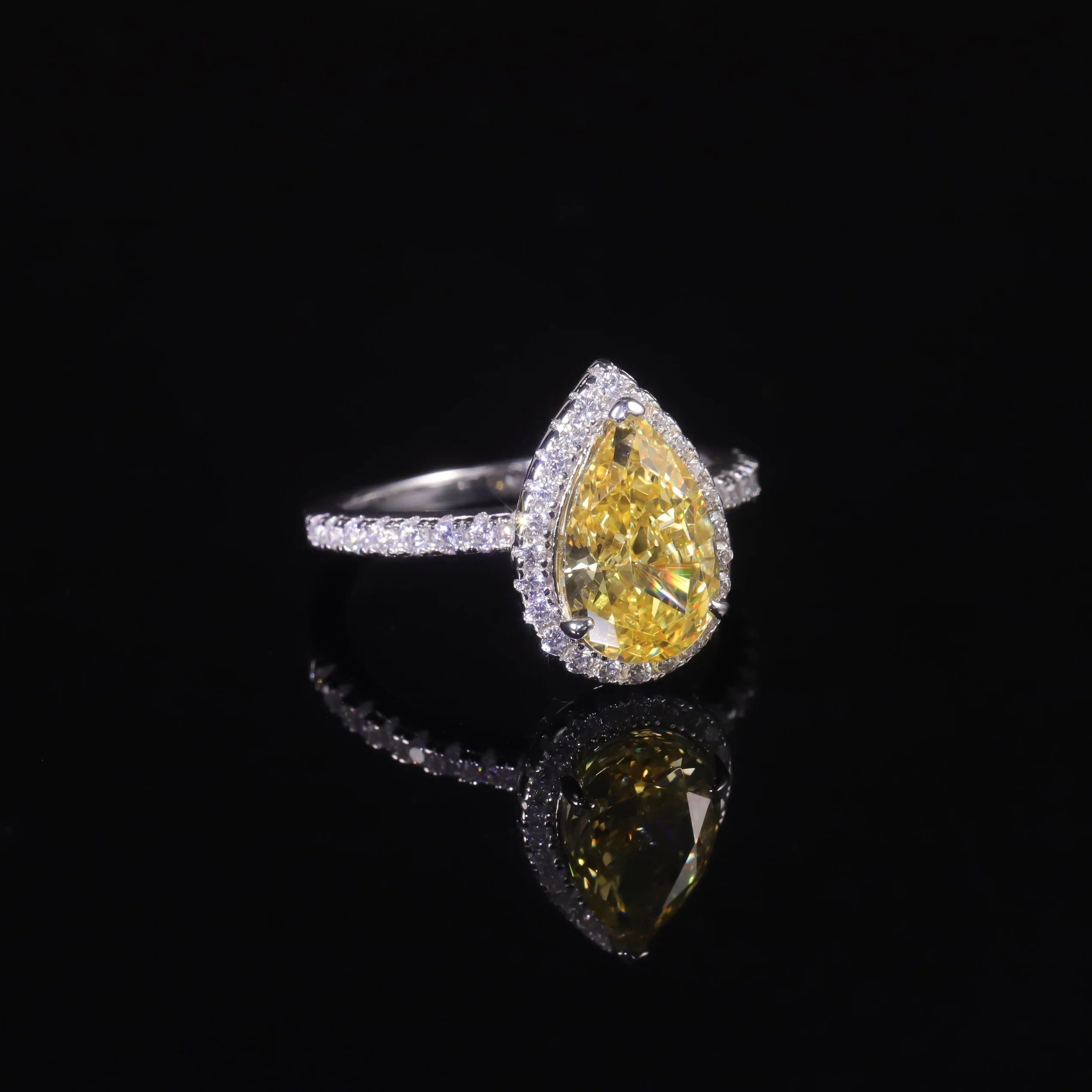 Pear Shape Diamond-Fire CZ Fancy Light Yellow Halo Ring