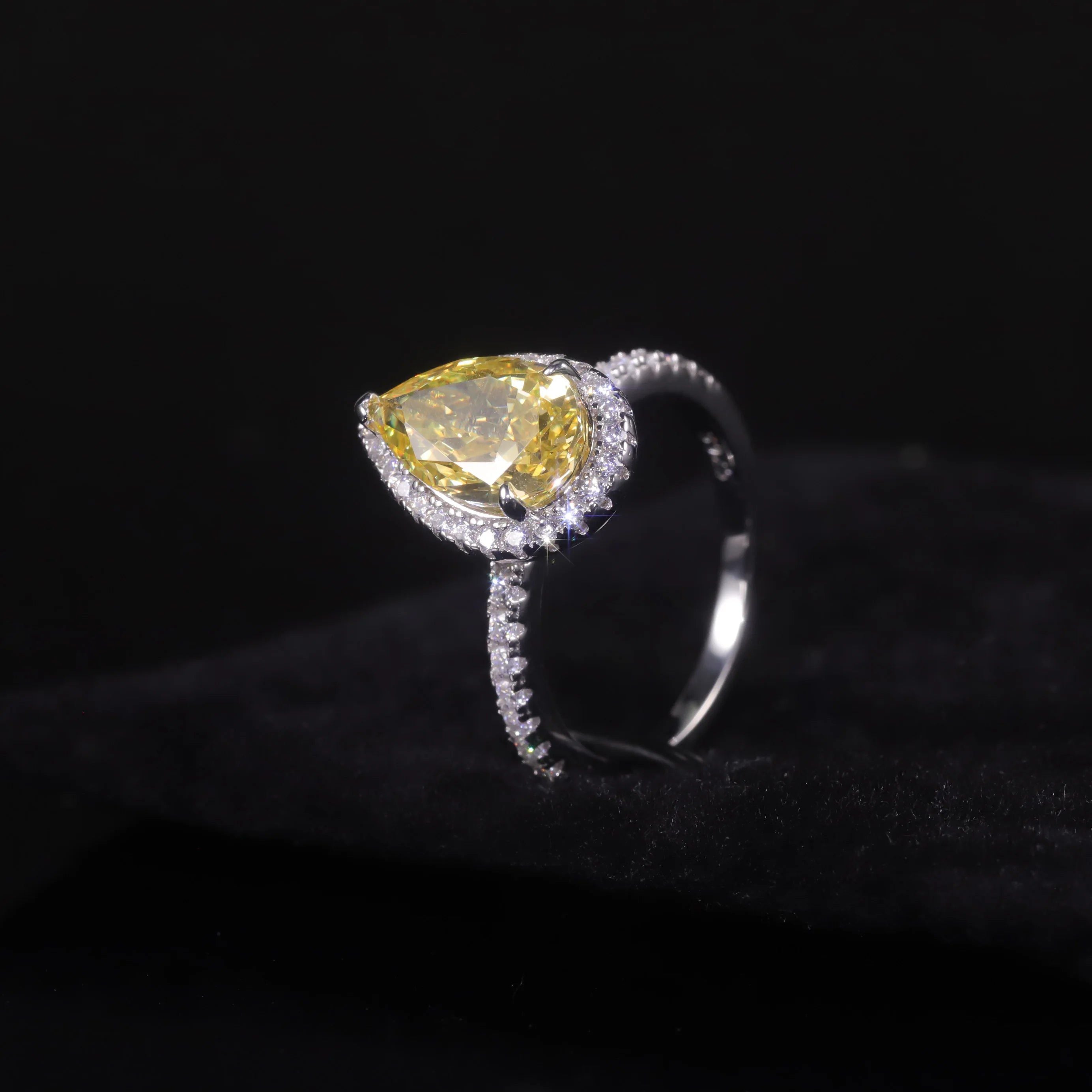 Pear Shape Diamond-Fire CZ Fancy Light Yellow Halo Ring