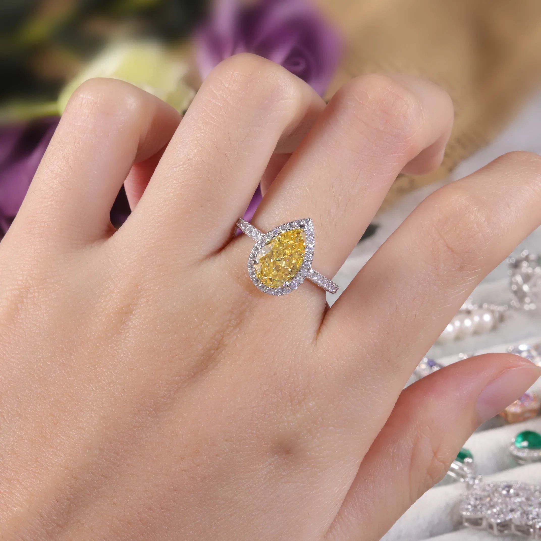 Pear Shape Diamond-Fire CZ Fancy Light Yellow Halo Ring