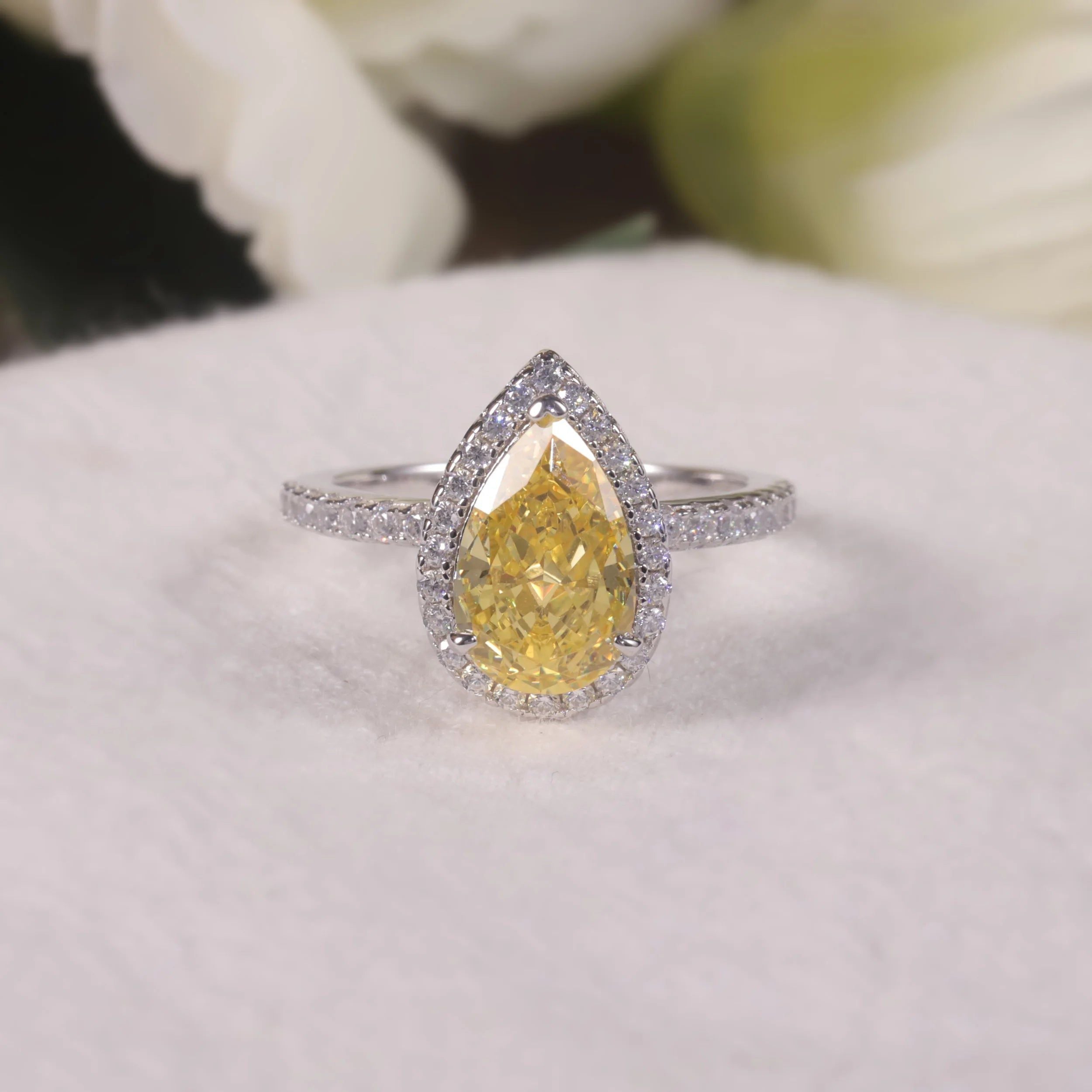 Pear Shape Diamond-Fire CZ Fancy Light Yellow Halo Ring