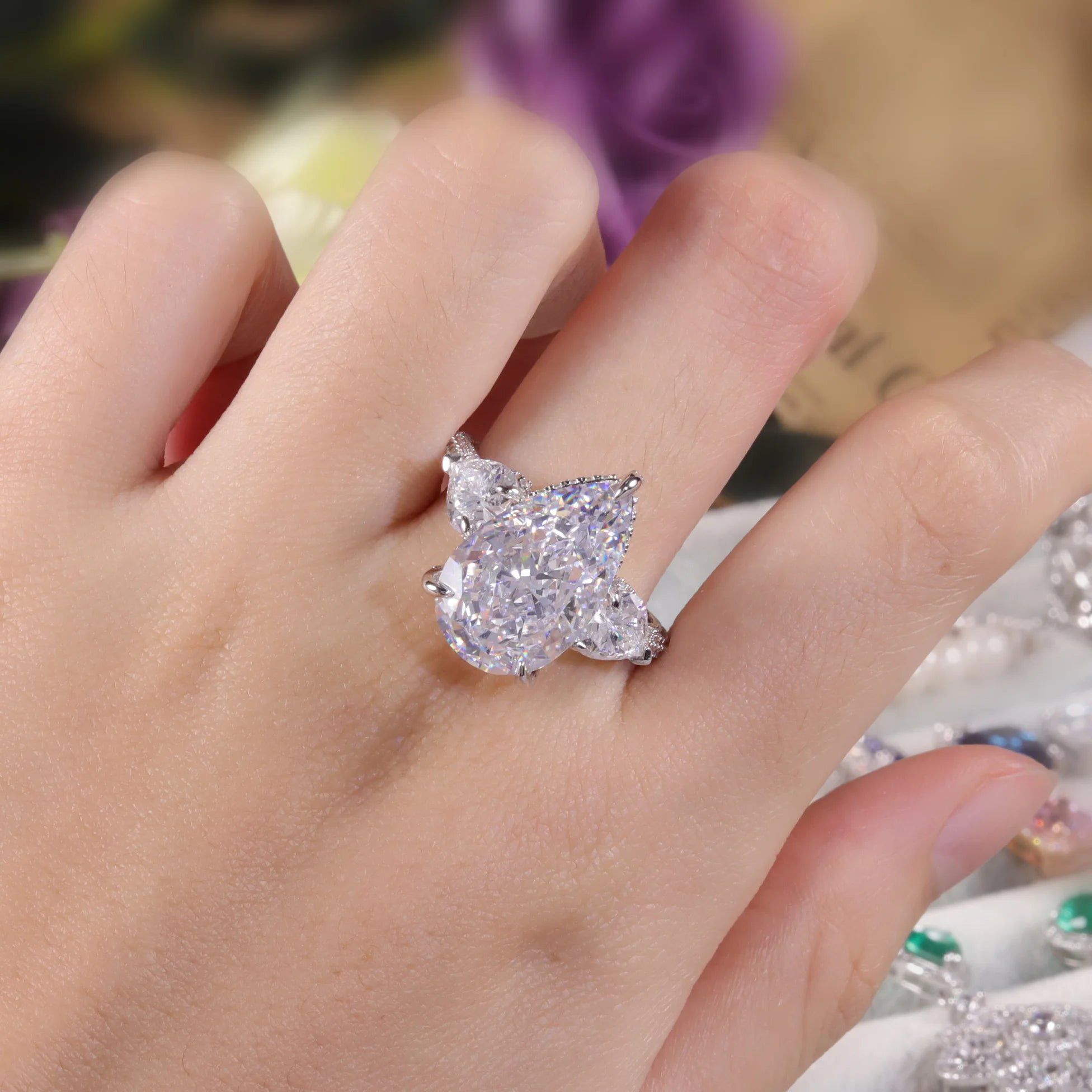 Pear Shape Diamond-Fire CZ White Cluster Silver Ring