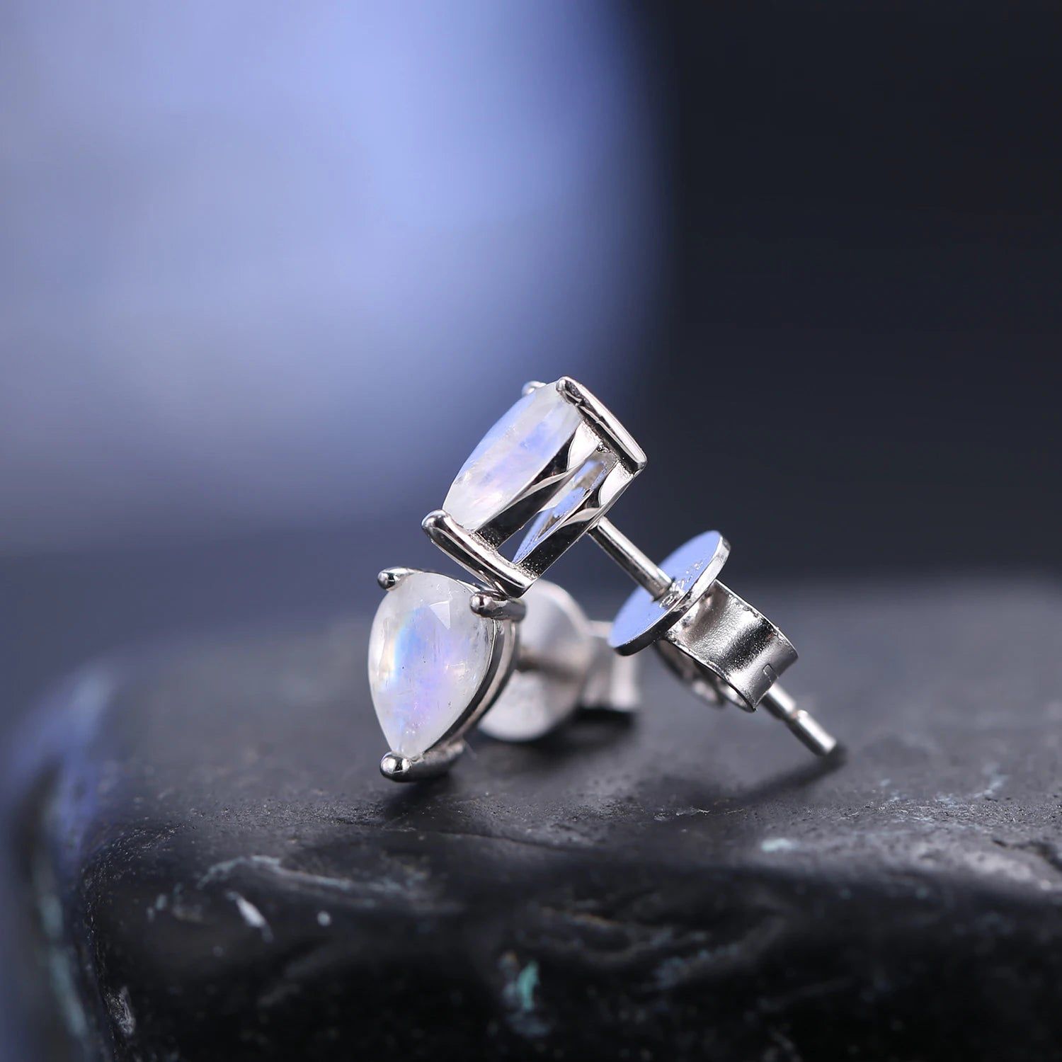 Pear Shape Milky Blue Moonstone Studs Earrings in 925 Sterling Silver