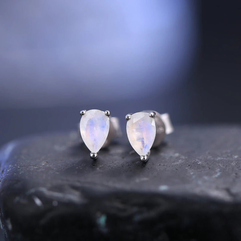 Pear Shape Milky Blue Moonstone Studs Earrings in 925 Sterling Silver