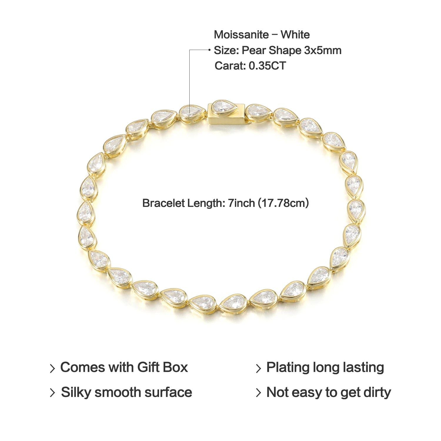 Pear Shape Moissanite Bezel Tennis Bracelet 14K Gold Stackable