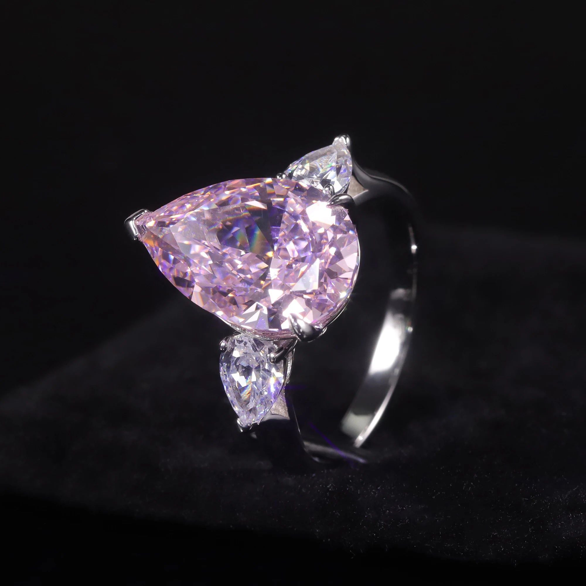 Pear-Shaped Baguette Diamond-Fire CZ Pink Three Stone Ring