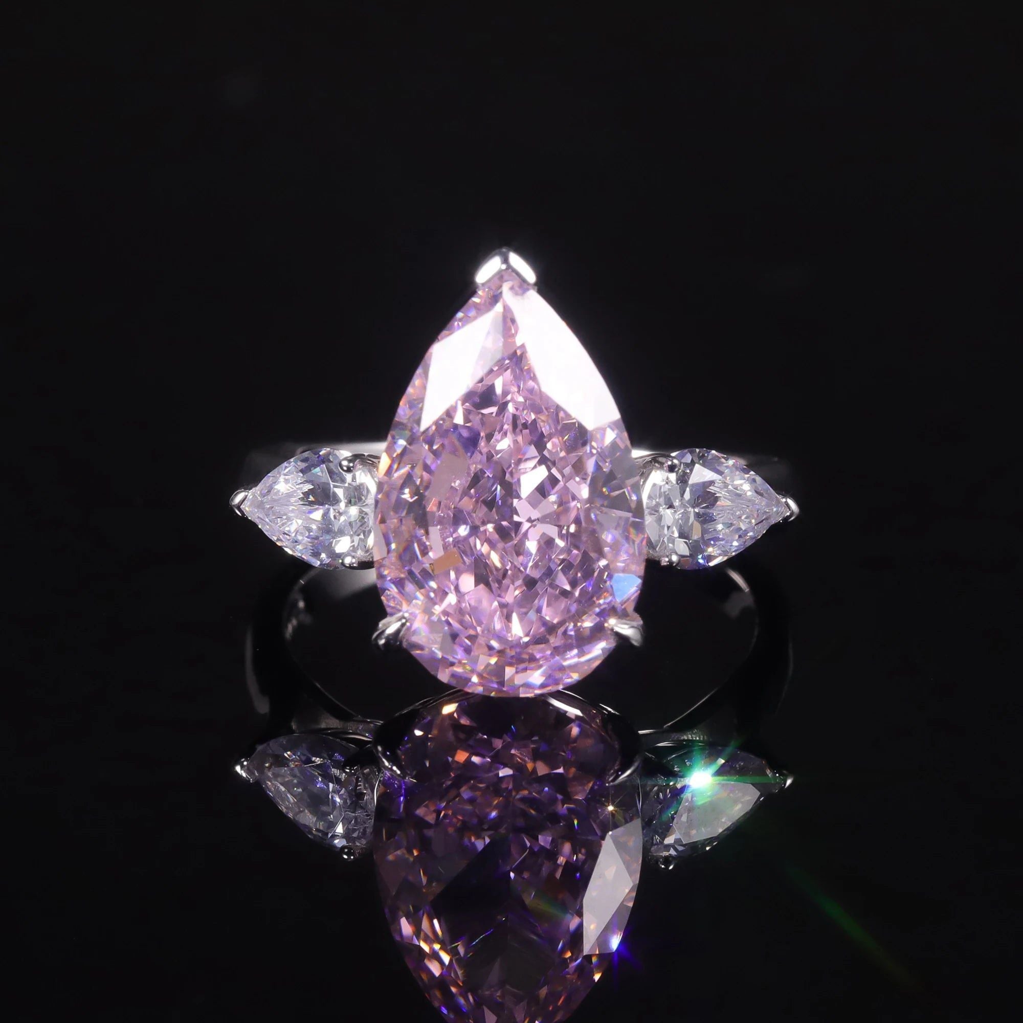 Pear-Shaped Baguette Diamond-Fire CZ Pink Three Stone Ring