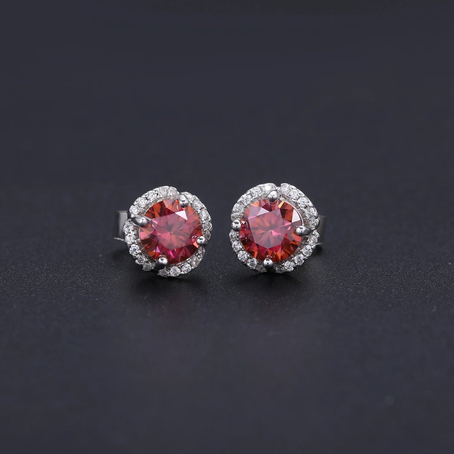 Pink Moissanite 0.5TW 5mm Round Cut Halo Stud Earrings