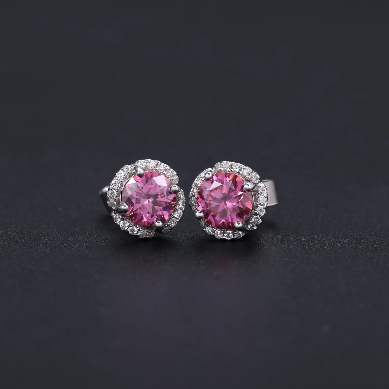 Pink Moissanite 0.5TW 5mm Round Cut Halo Stud Earrings