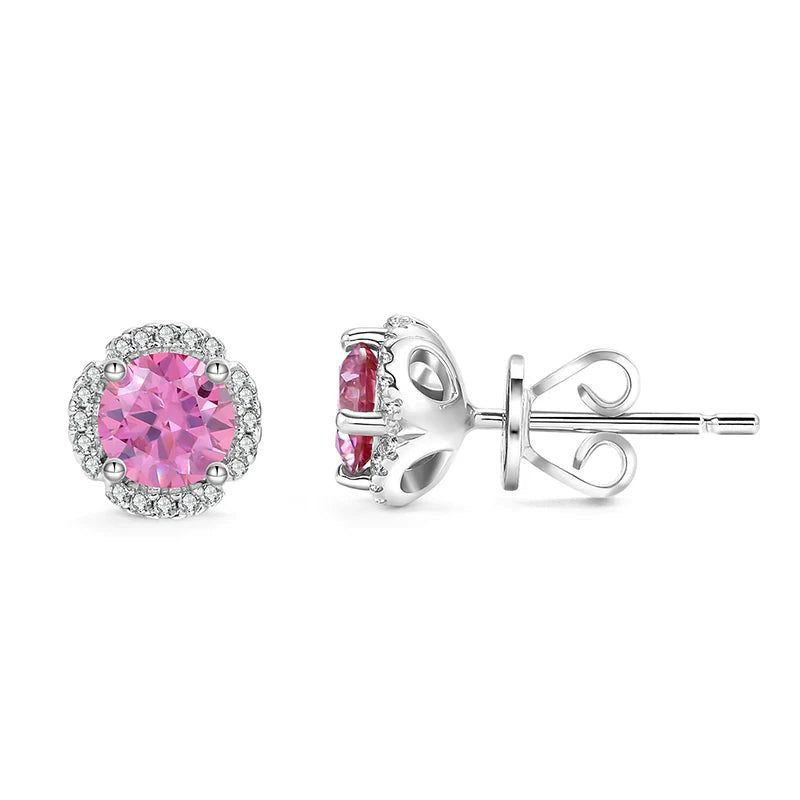 Pink Moissanite 0.5TW 5mm Round Cut Halo Stud Earrings