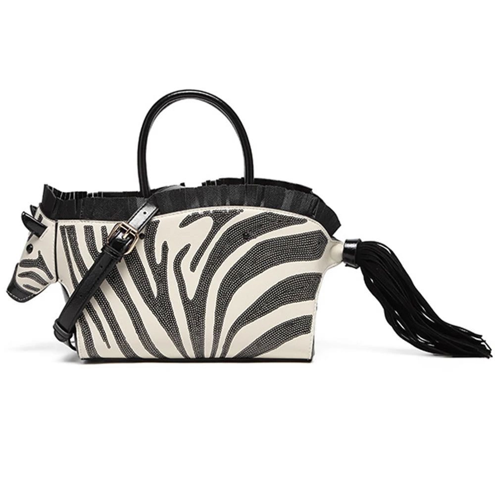 Playful 3D Zebra Shaped PU Handbag for Women - Chic Tassel Crossbody Purse