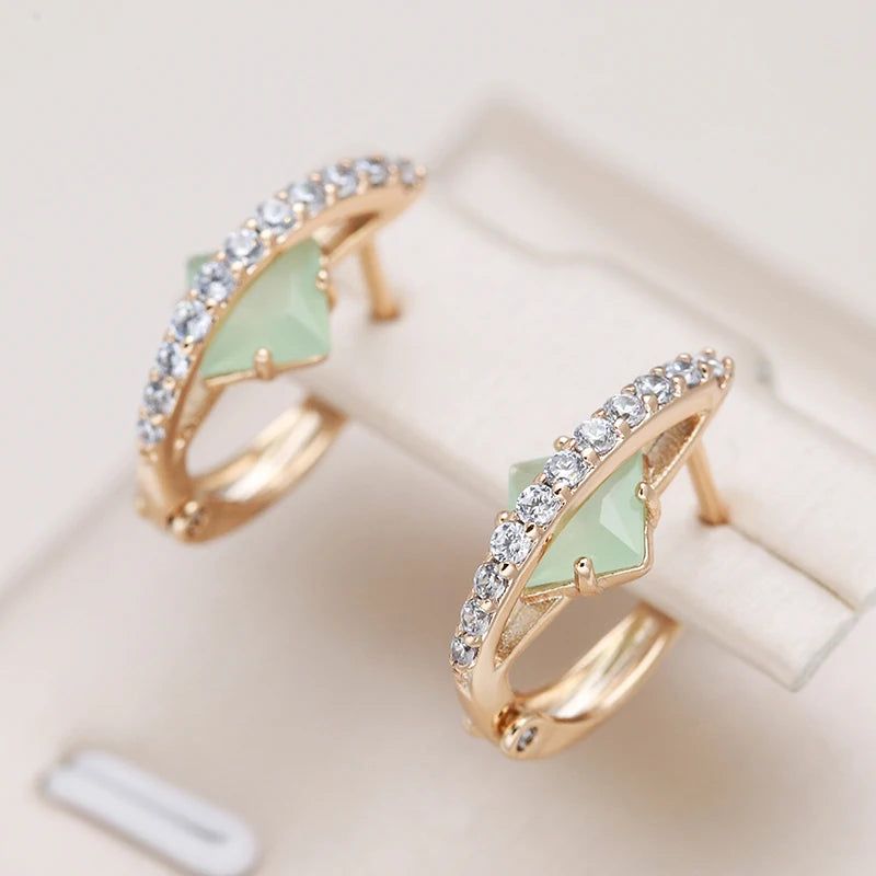 Popular Vintage Rose Gold Earrings with Green Natural Zircon - Shiny Square Design