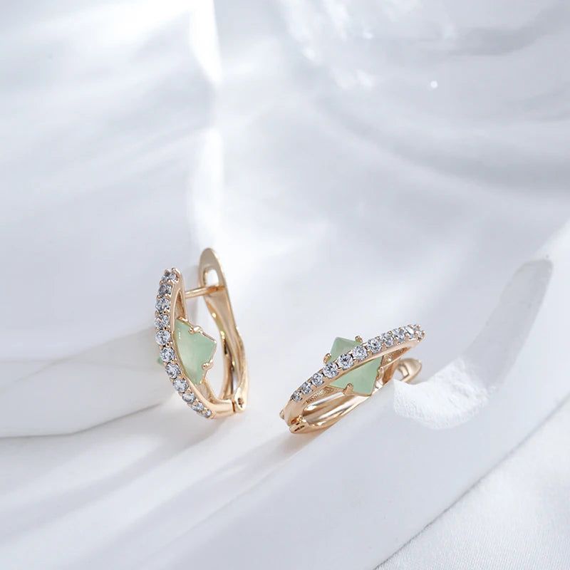 Popular Vintage Rose Gold Earrings with Green Natural Zircon - Shiny Square Design