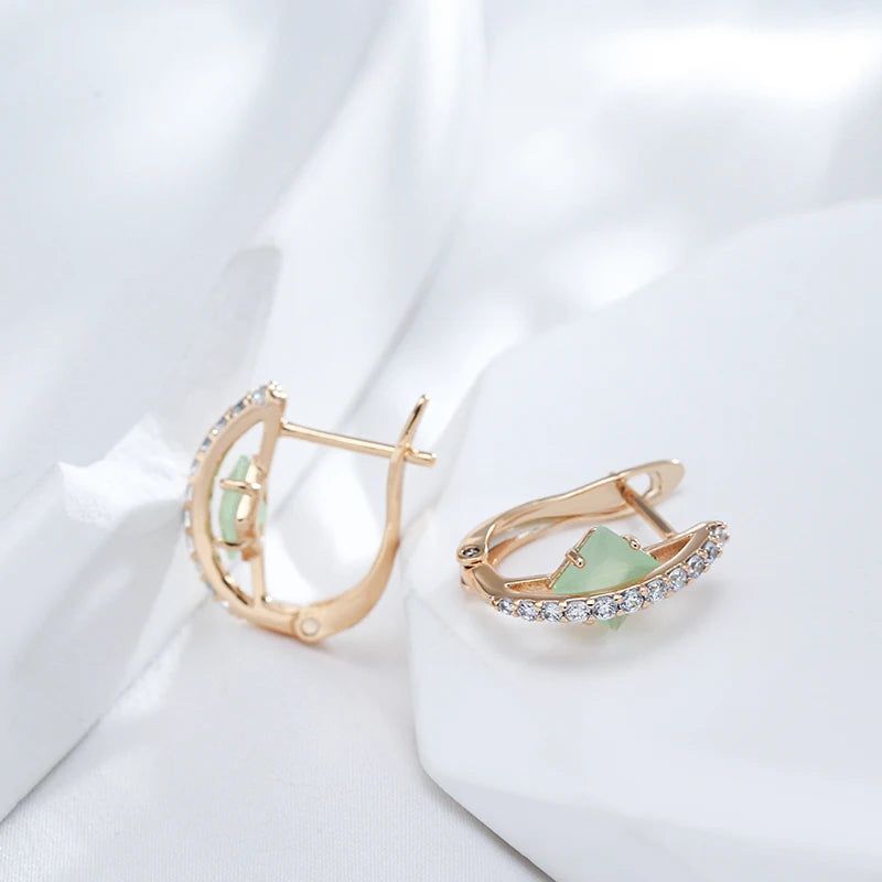 Popular Vintage Rose Gold Earrings with Green Natural Zircon - Shiny Square Design