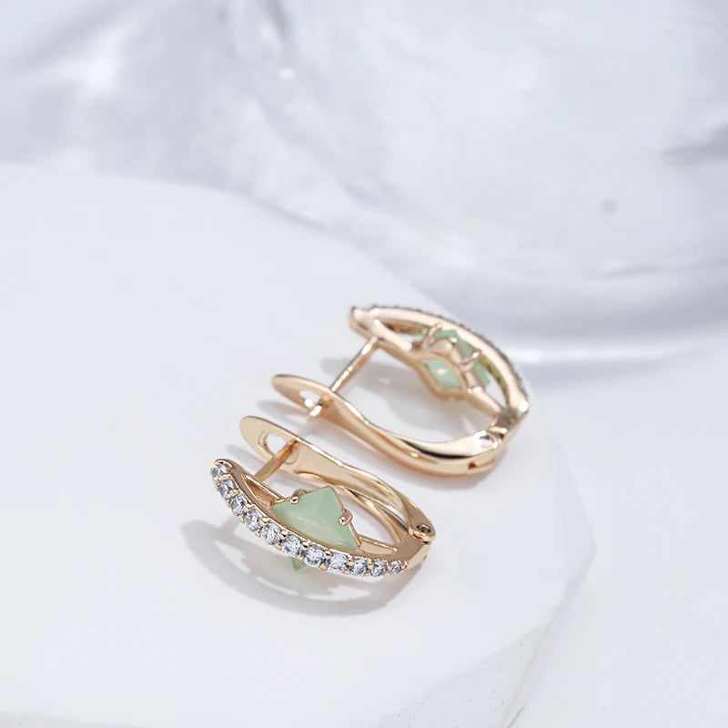 Popular Vintage Rose Gold Earrings with Green Natural Zircon - Shiny Square Design