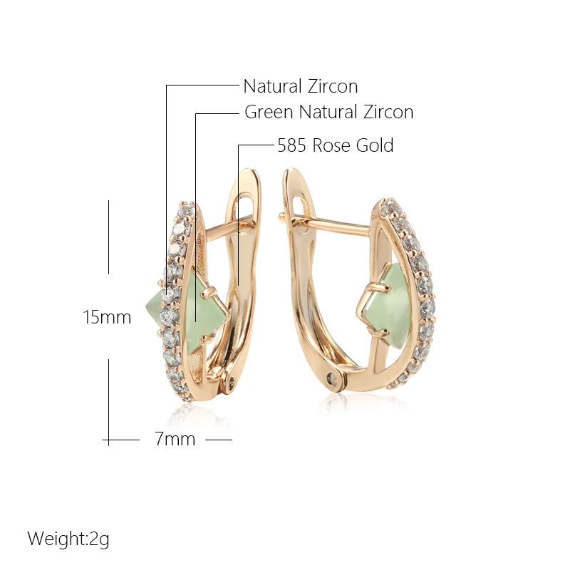 Popular Vintage Rose Gold Earrings with Green Natural Zircon - Shiny Square Design