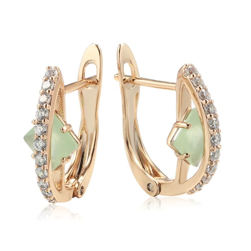 Popular Vintage Rose Gold Earrings with Green Natural Zircon - Shiny Square Design