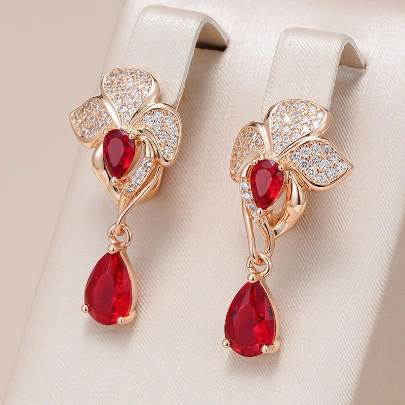 Popular Vintage Rose Gold Flower Dangle Earrings with Red Natural Zircon