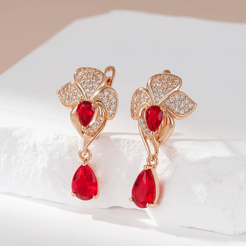 Popular Vintage Rose Gold Flower Dangle Earrings with Red Natural Zircon