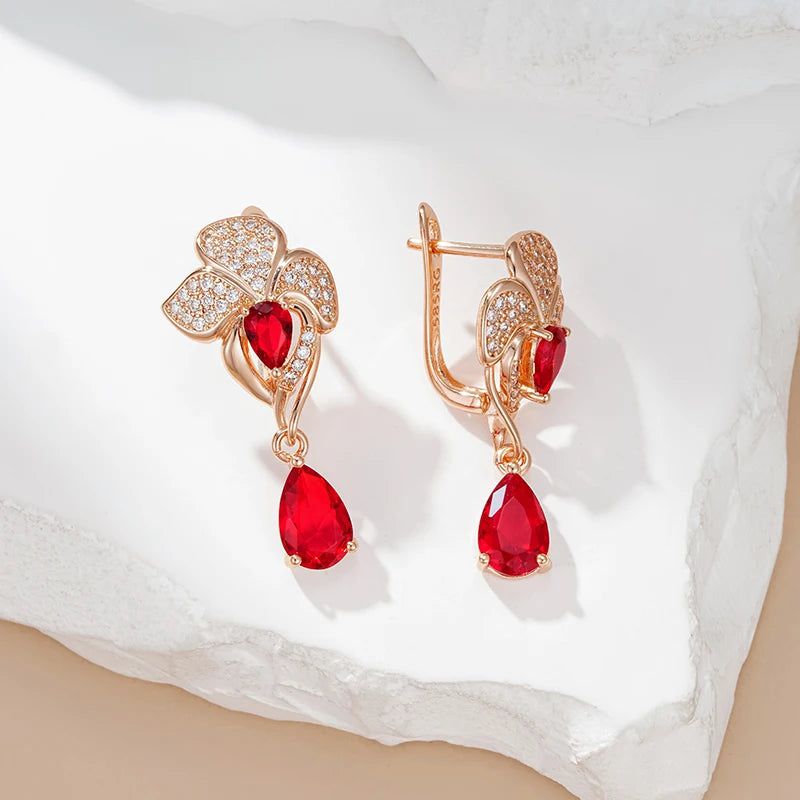 Popular Vintage Rose Gold Flower Dangle Earrings with Red Natural Zircon