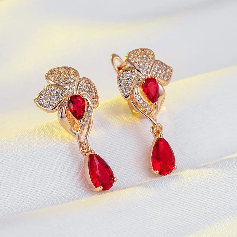 Popular Vintage Rose Gold Flower Dangle Earrings with Red Natural Zircon