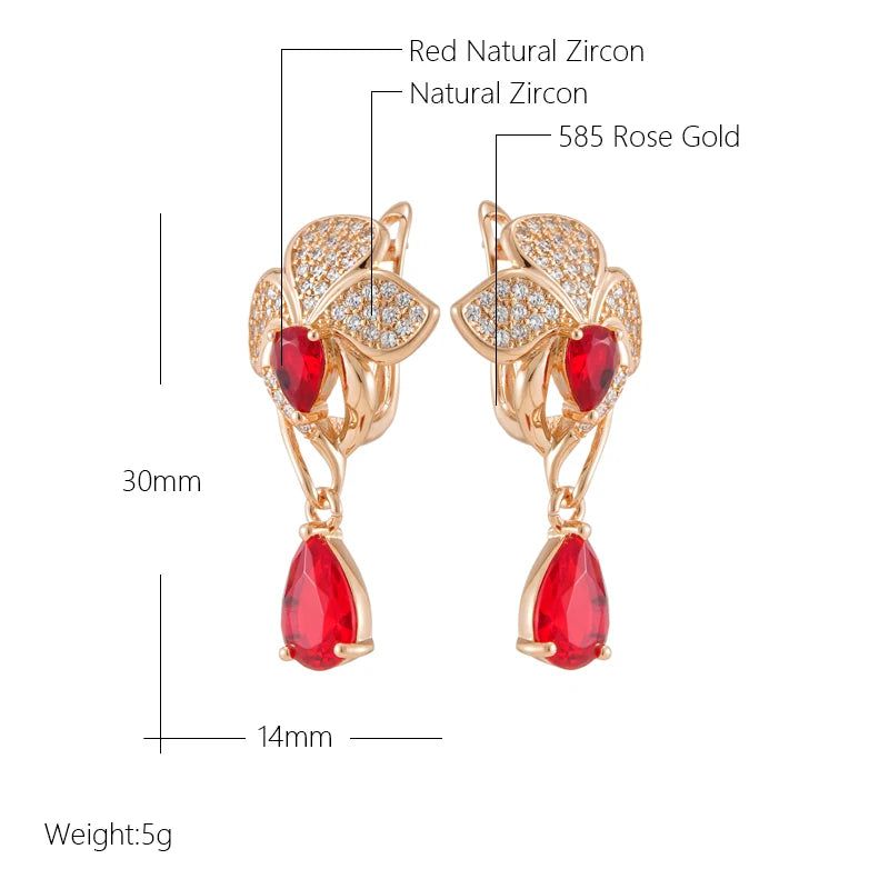 Popular Vintage Rose Gold Flower Dangle Earrings with Red Natural Zircon