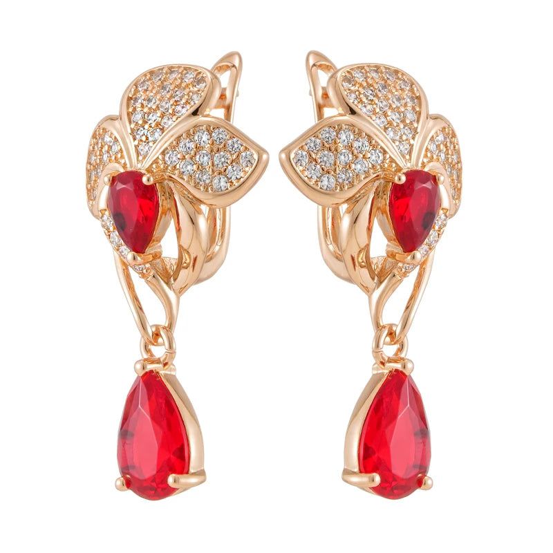 Popular Vintage Rose Gold Flower Dangle Earrings with Red Natural Zircon