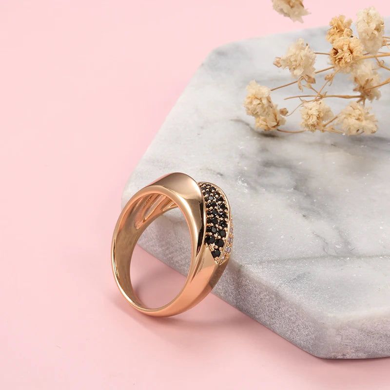 Popular Vintage Rose Gold Geometric Cross Ring with Natural Black and White Zircon