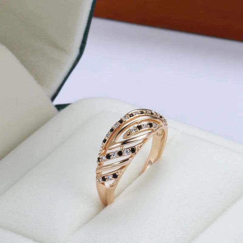 Popular Vintage Rose Gold Hollow Wave Cocktail Ring with Natural Zircon