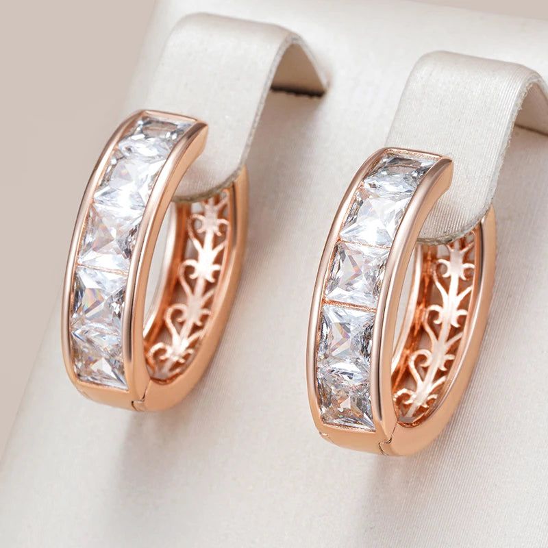 Popular Vintage Rose Gold Hoop Earrings with Square Natural Zircon