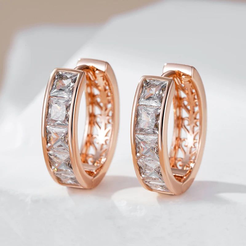 Popular Vintage Rose Gold Hoop Earrings with Square Natural Zircon