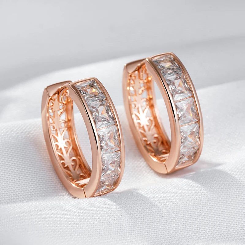 Popular Vintage Rose Gold Hoop Earrings with Square Natural Zircon